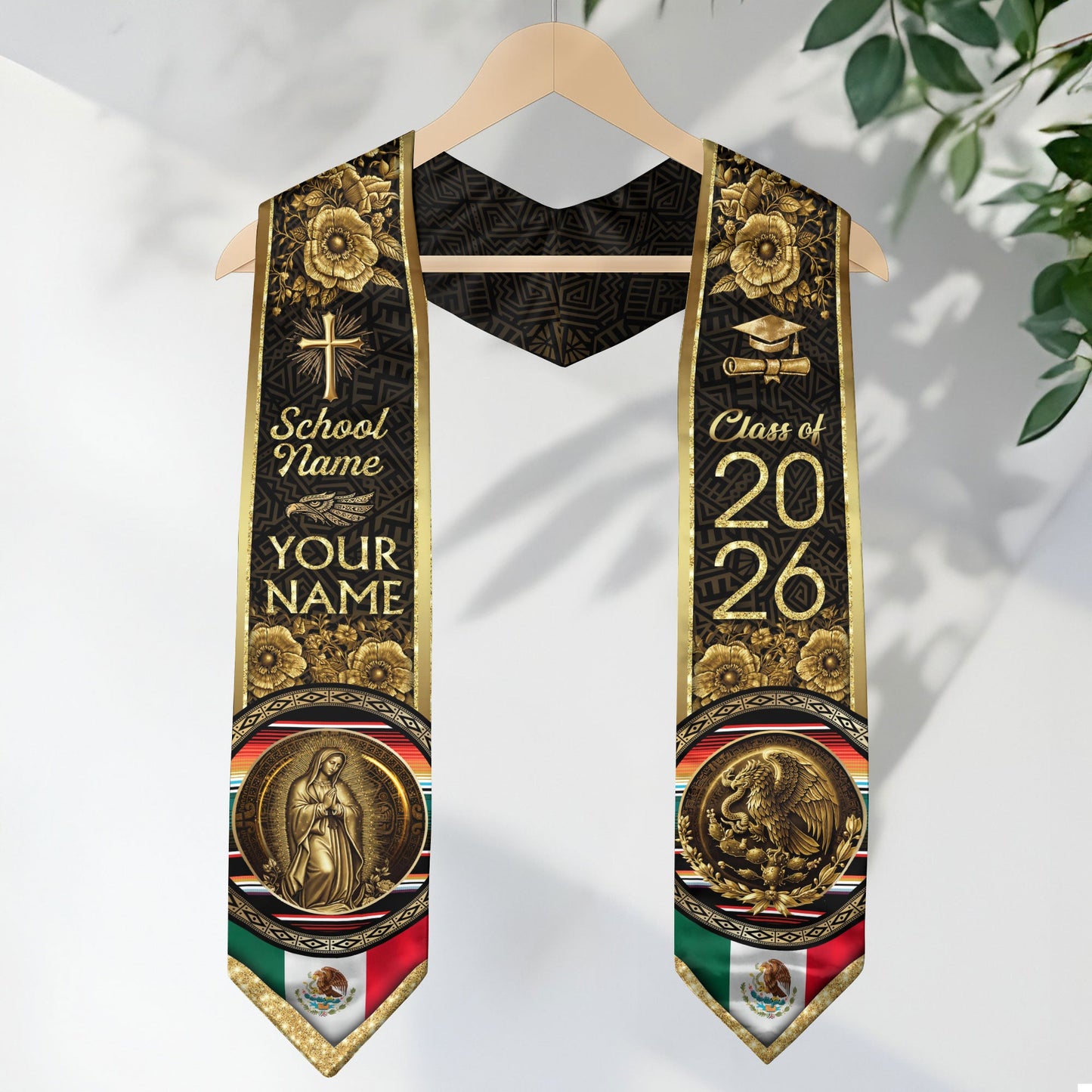 Mexico Graduation Stole 2026 Gold Glitter Virgin Mary Eagle Personalized Heritage Sash