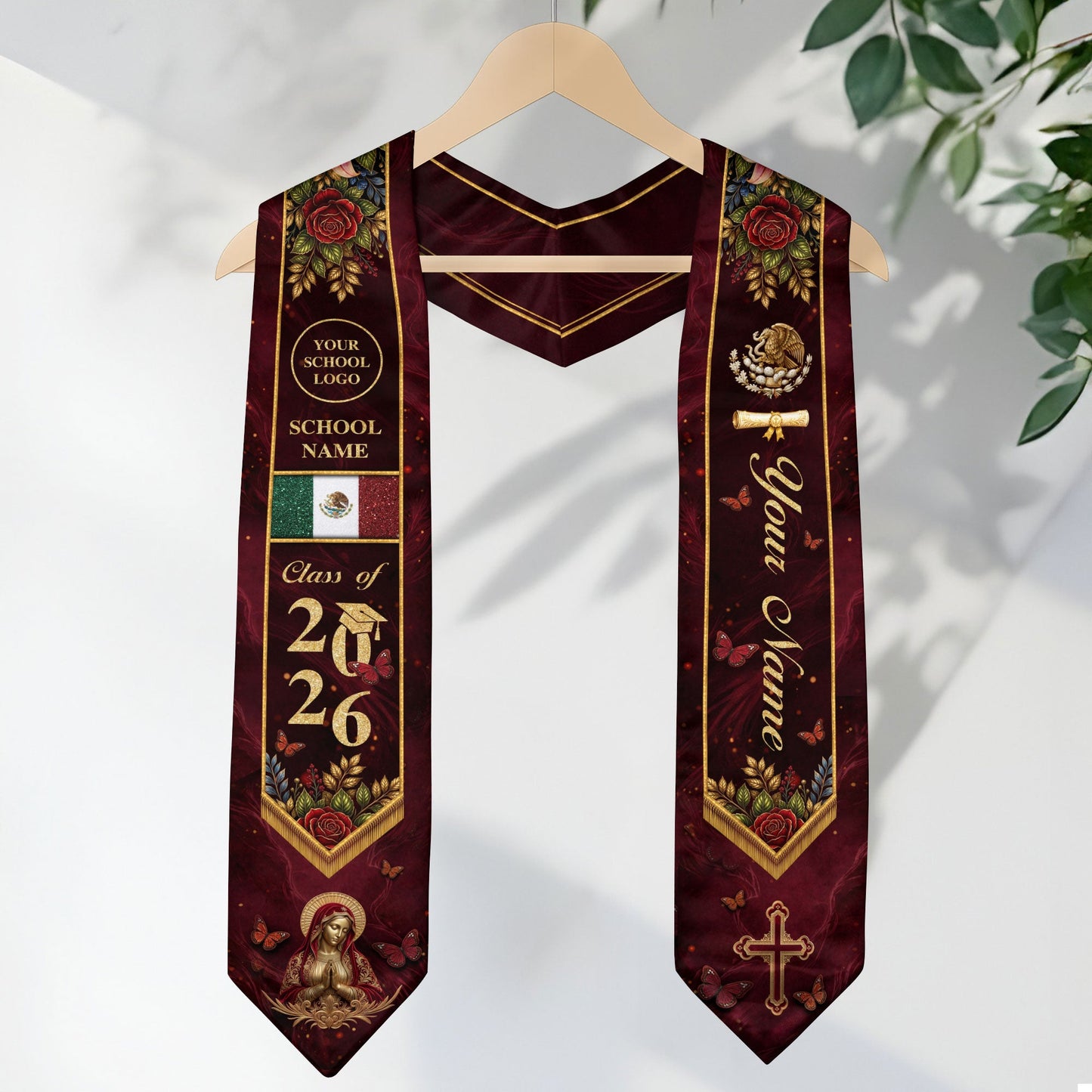 Sacred Heritage Mexican Stole Legacy 2026 Burgundy Virgin Mary Personalized Sash