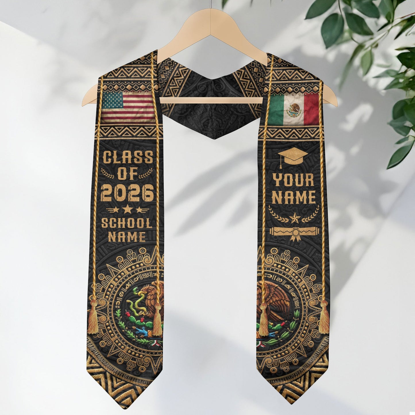 Custom Mexico USA Flag Graduation Stole 2026 Aztec Calendar Heritage Gold Sash