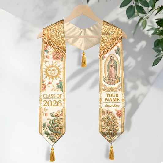Custom Mexico Graduation Stole 2026 Tassels Virgin Mary Ivory Aztec Gold Sash
