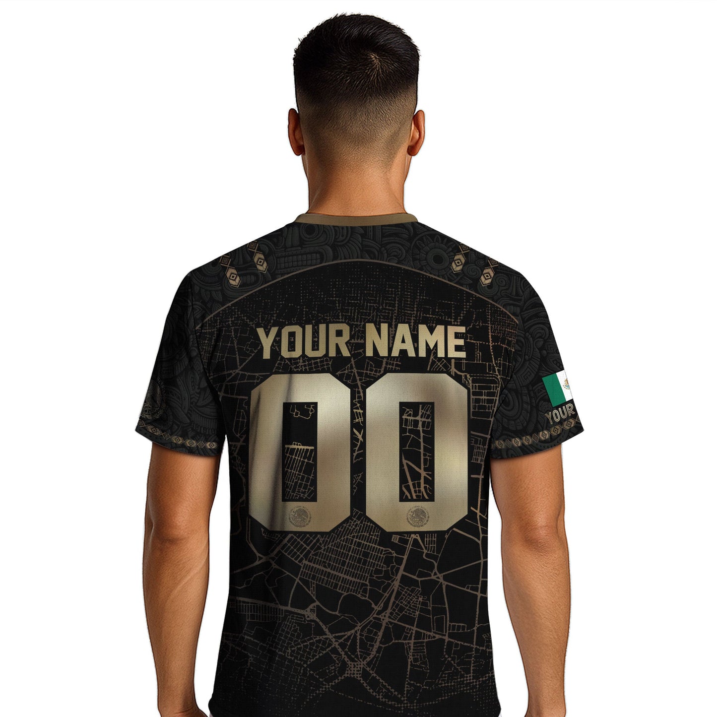 Custom Mexico Soccer Jersey Black Gold Heritage Map Aztec Design