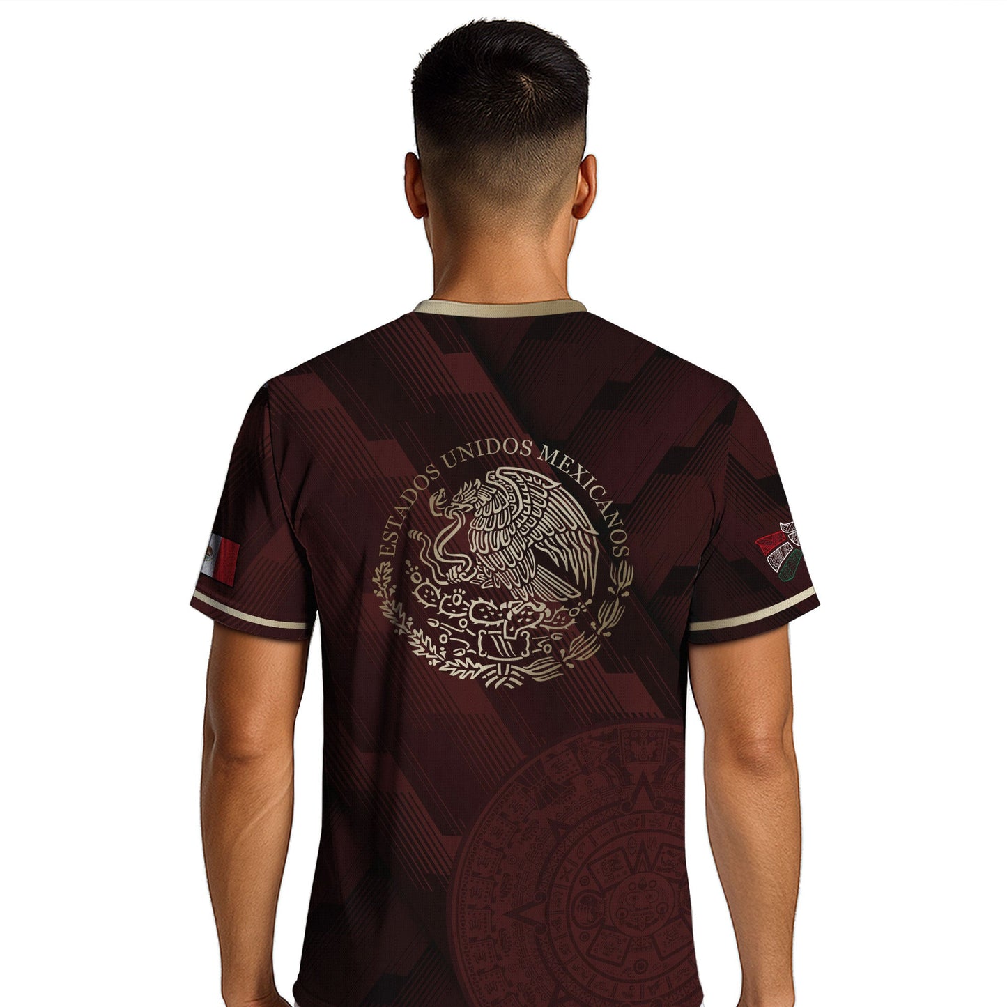 Mexico Burgundy Soccer Jersey with Golden Aztec Sunstone and Eagle Crest