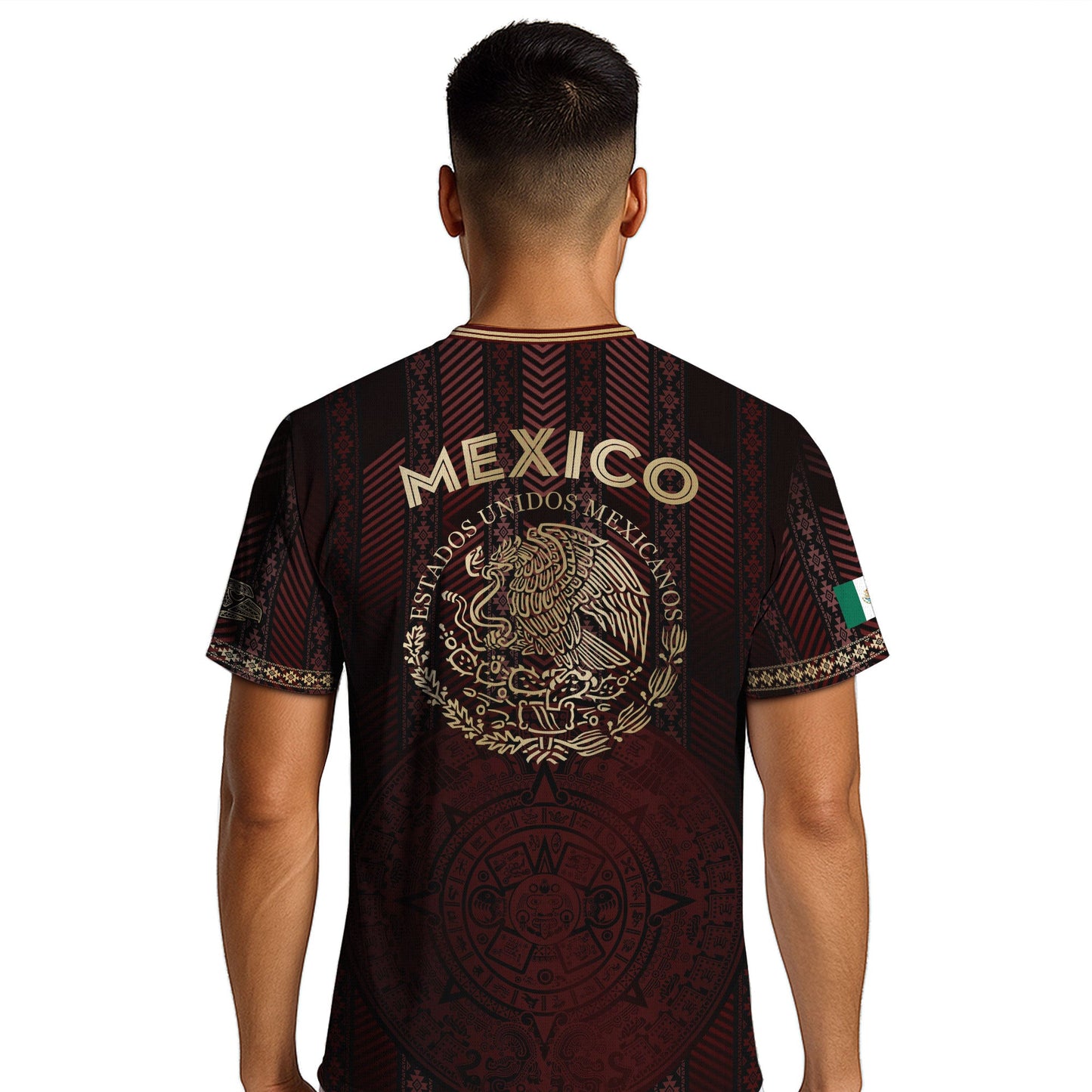 Mexico Burgundy Soccer Jersey with Golden Aztec Calendar and Eagle Crest