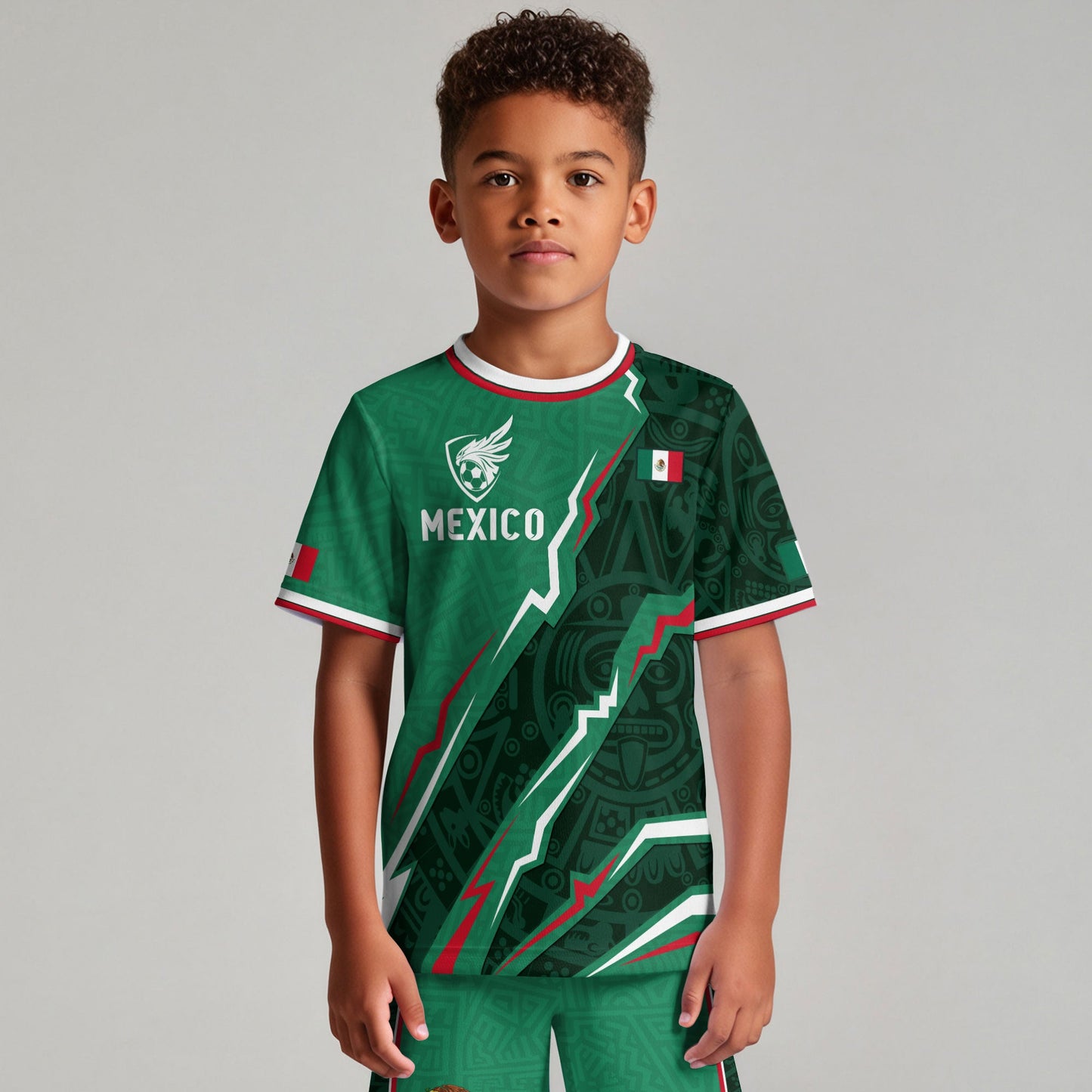 Mexico Kids Soccer Jersey Green Aztec Pattern Crest Design