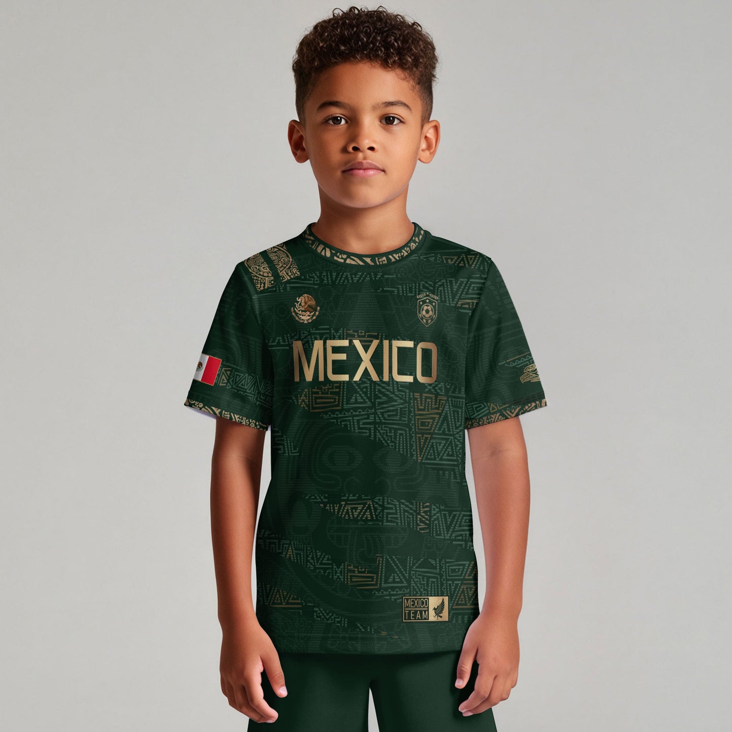 Mexico Kids Soccer Jersey Green Gold Aztec Pattern Crest Design
