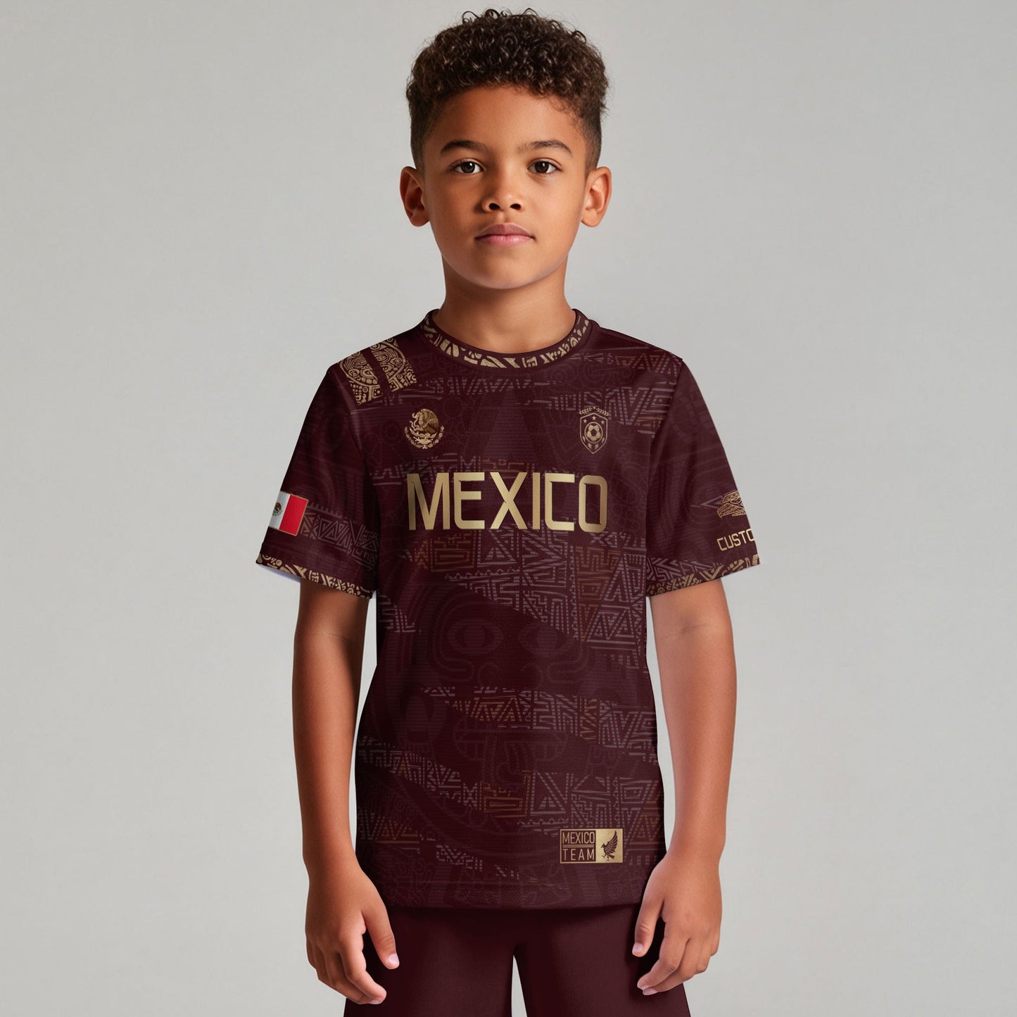Custom Mexico Kids Soccer Jersey Burgundy Gold Team Edition with Aztec Pattern Design