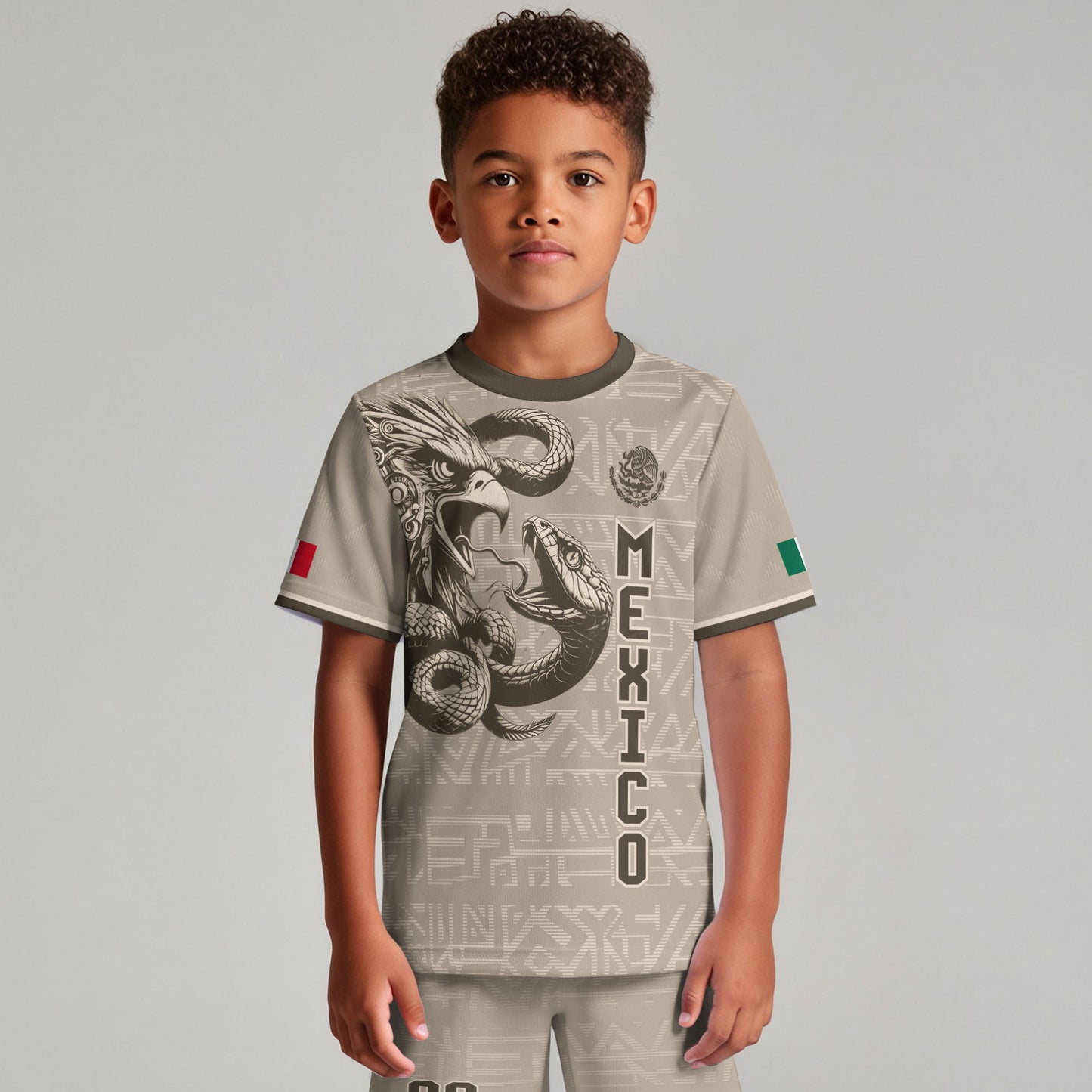 Custom Mexico Kids Soccer Jersey Beige Aztec Eagle & Serpent Heritage Design