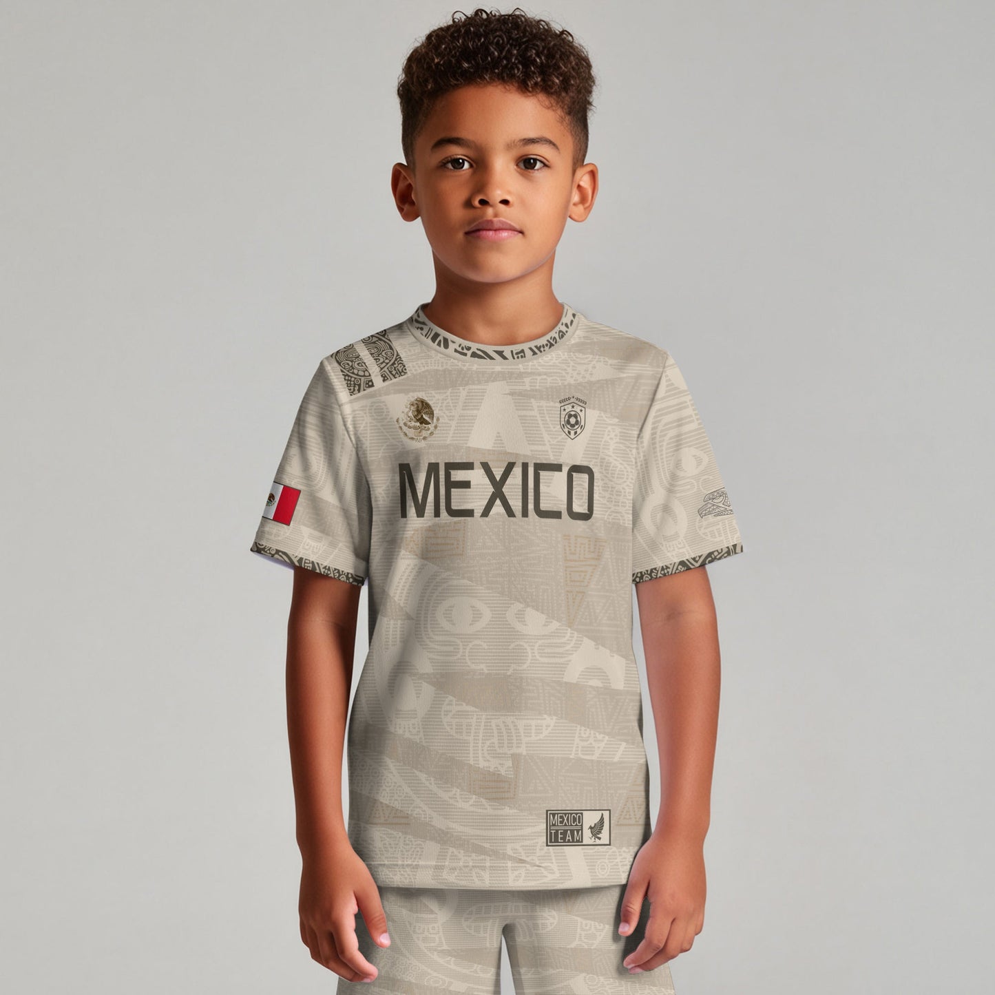 Mexico Kids Soccer Jersey Beige Aztec Eagle Design