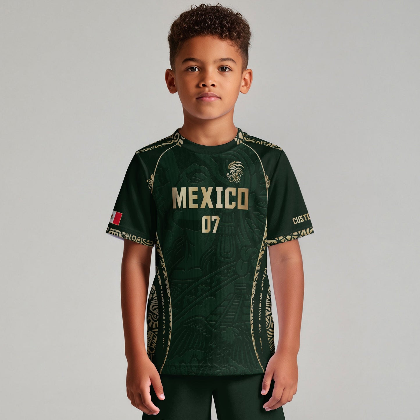 Custom Kids Mexico Soccer Jersey Dark Green Aztec Eagle Design