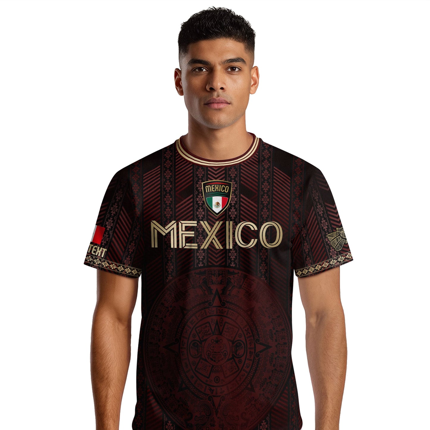 Custom Mexico Burgundy Soccer Jersey with Golden Aztec Calendar Design