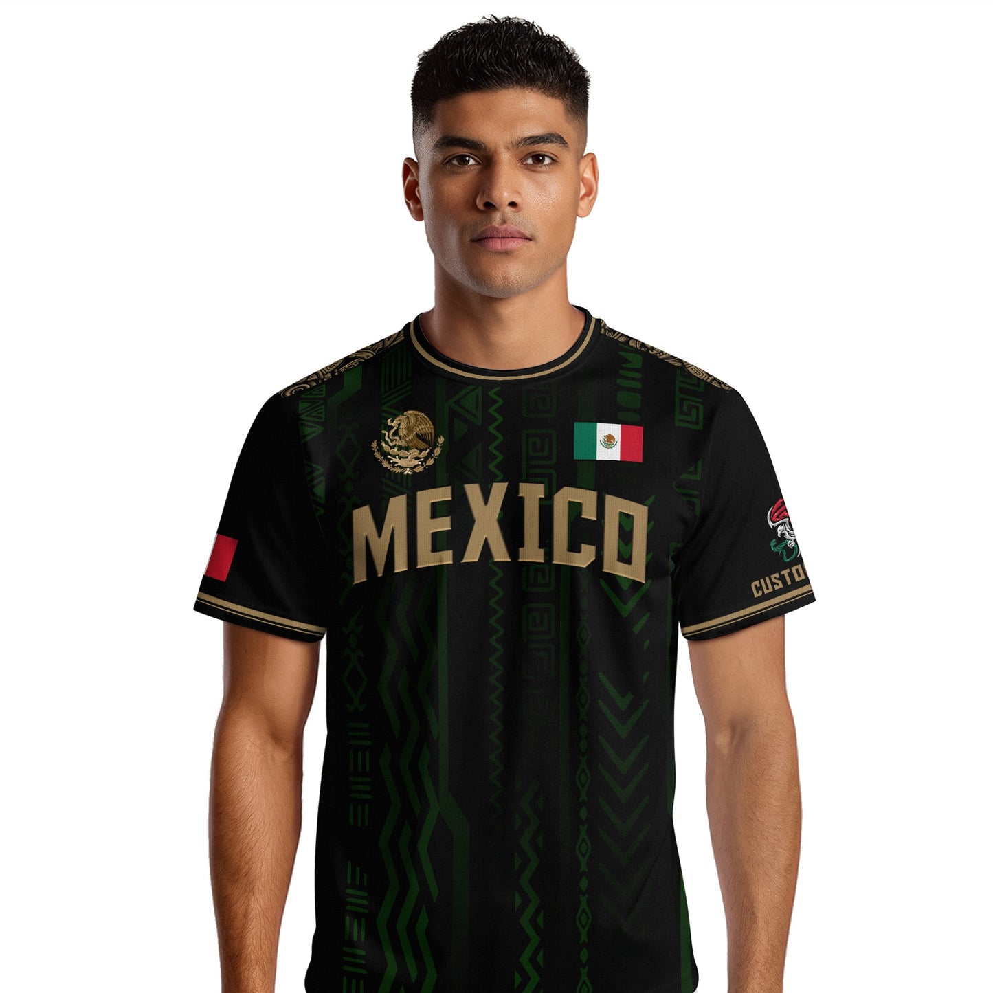 Mexico Soccer Jersey Black & Gold Aztec Design