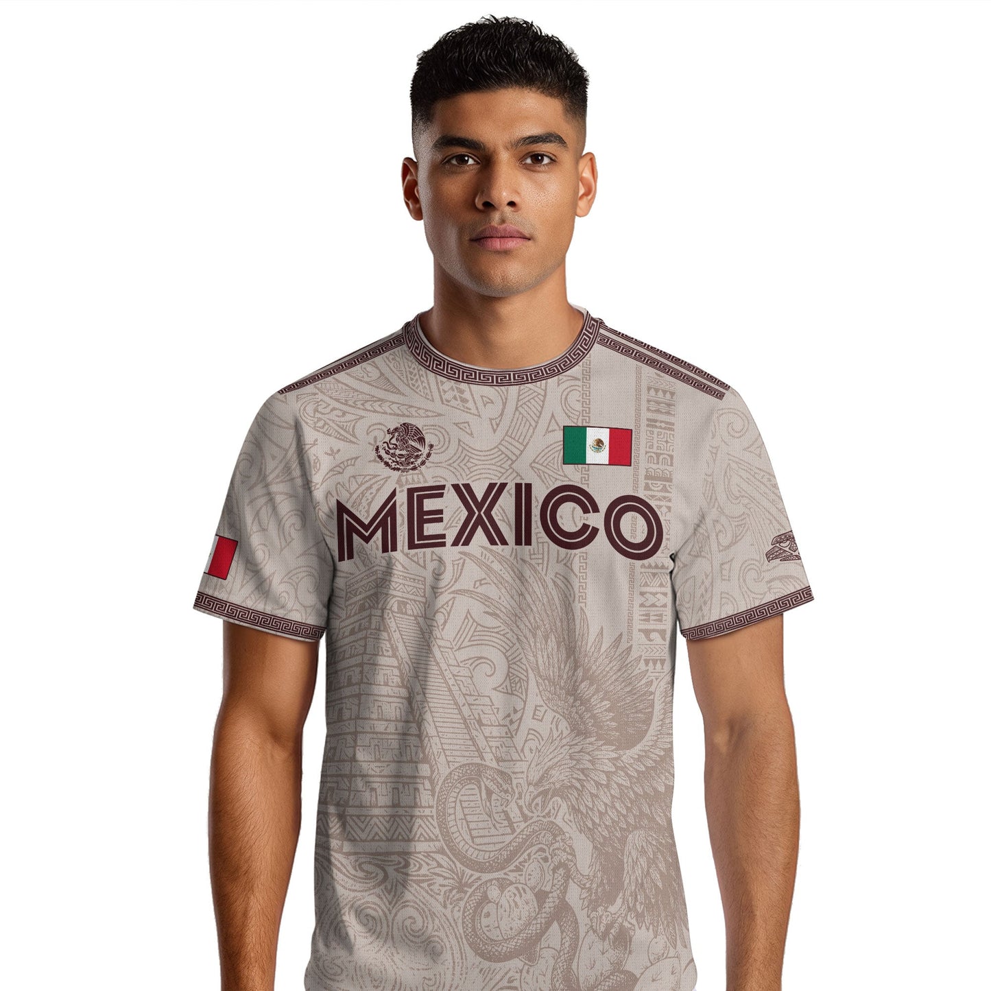Mexico White Soccer Jersey Aztec Sun Stone Eagle Design