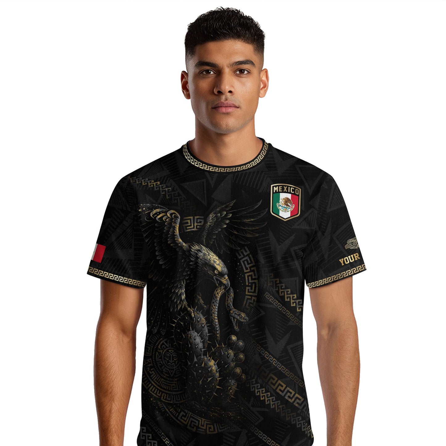 Custom Mexico Black Gold Eagle and Serpent Aztec Heritage Soccer Jersey