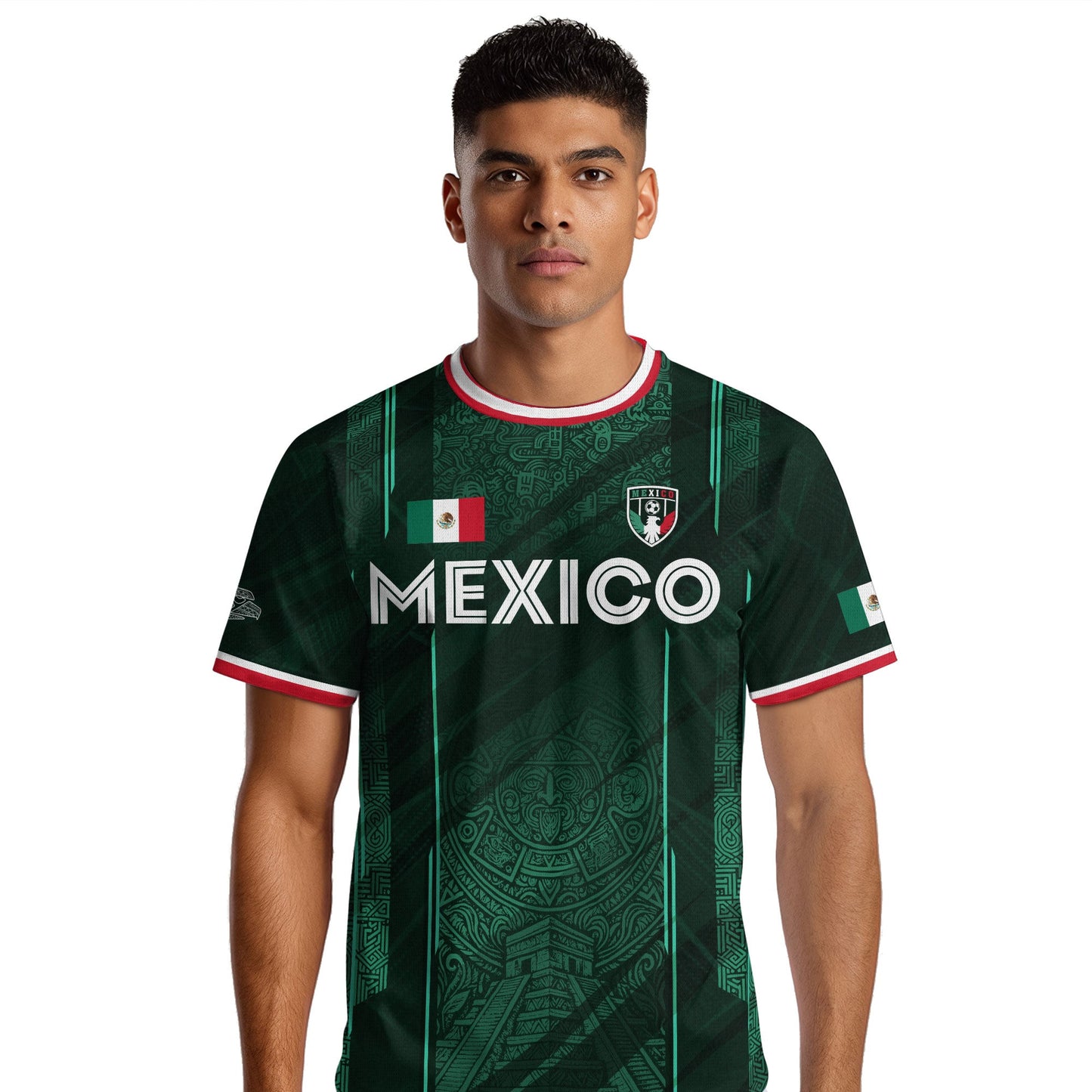 Mexico Soccer Jersey Green Aztec Calendar National Emblem Design