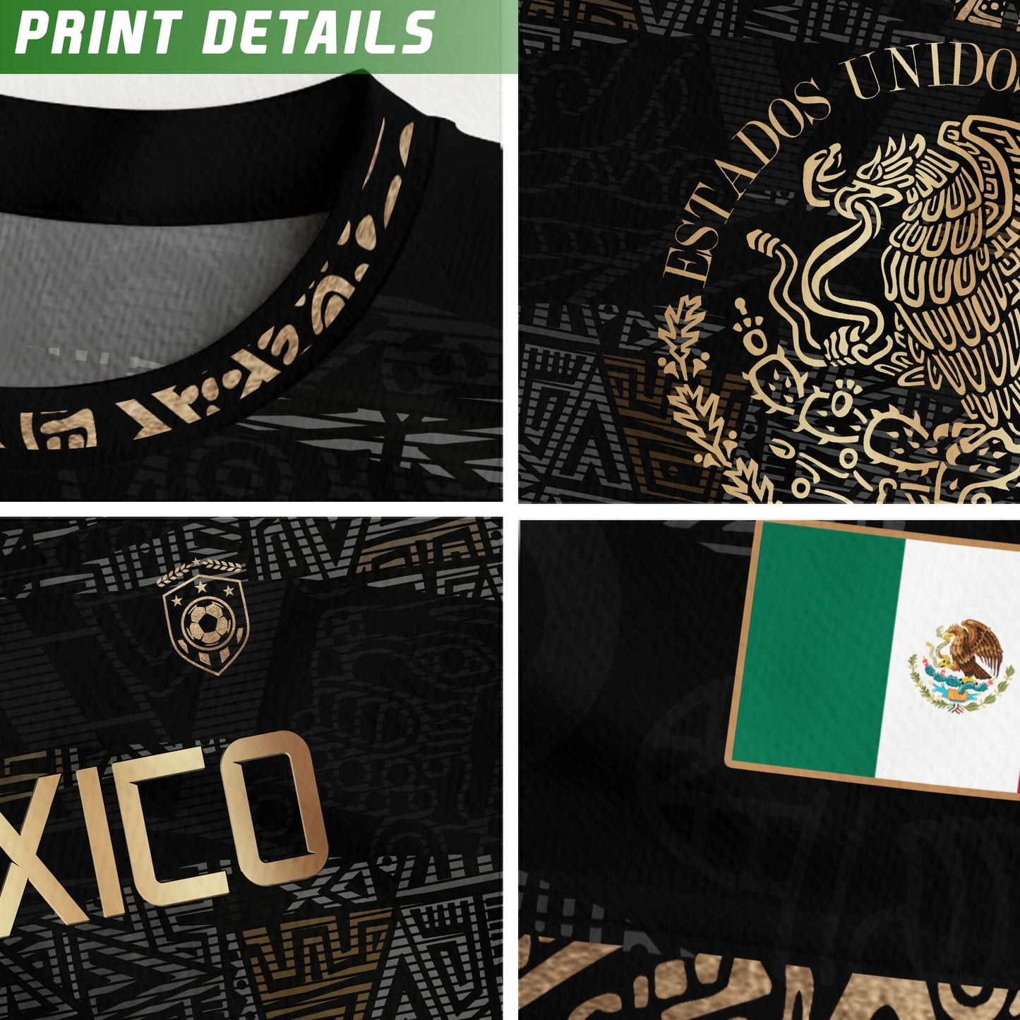 Mexico Black Gold Aztec Heritage Soccer Jersey with Eagle Crest Design