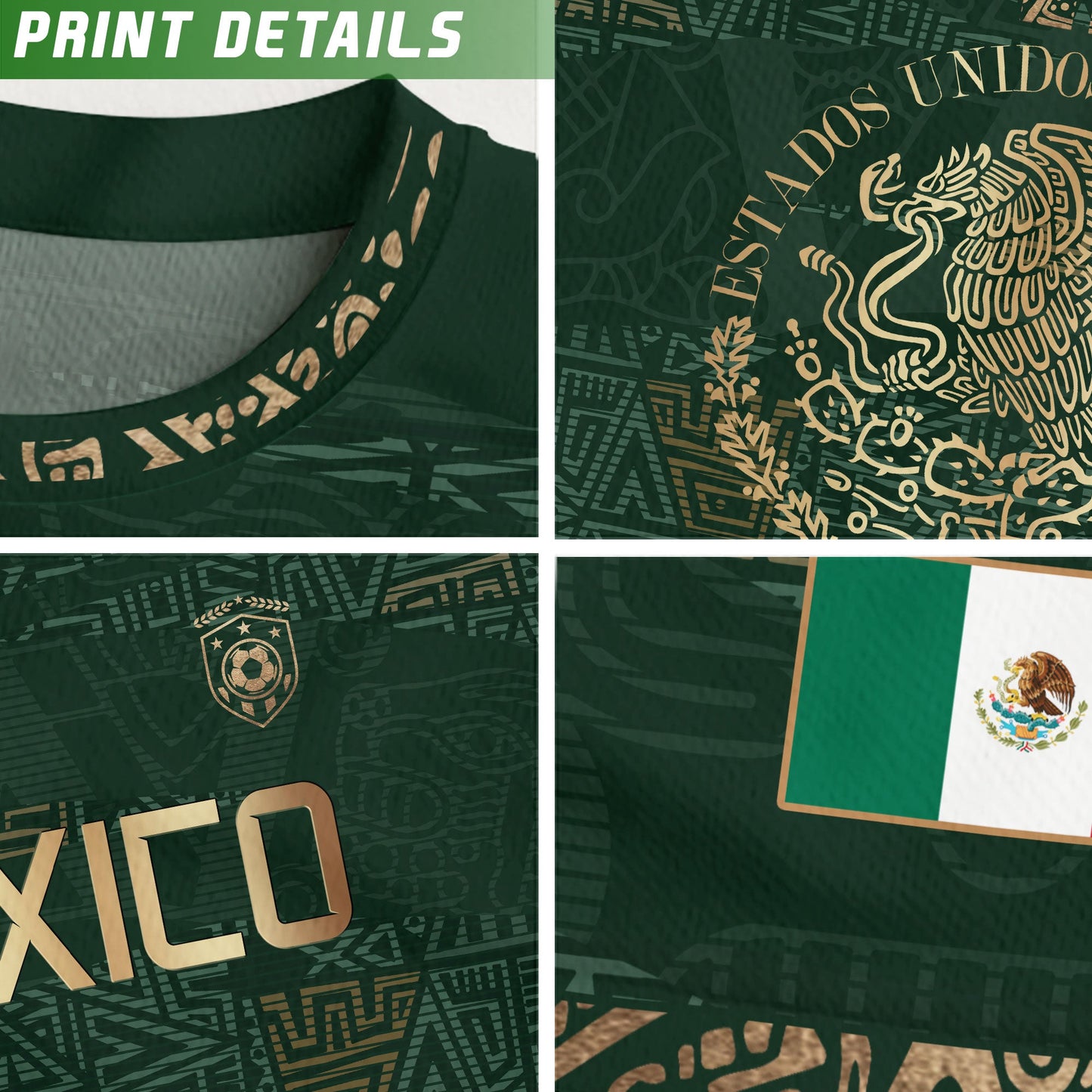 Mexico Kids Soccer Jersey Green Gold Aztec Pattern Crest Design
