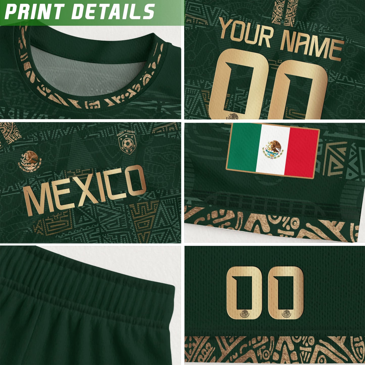 Custom Mexico Kids Soccer Jersey Green Gold Team Edition with Aztec Pattern Design