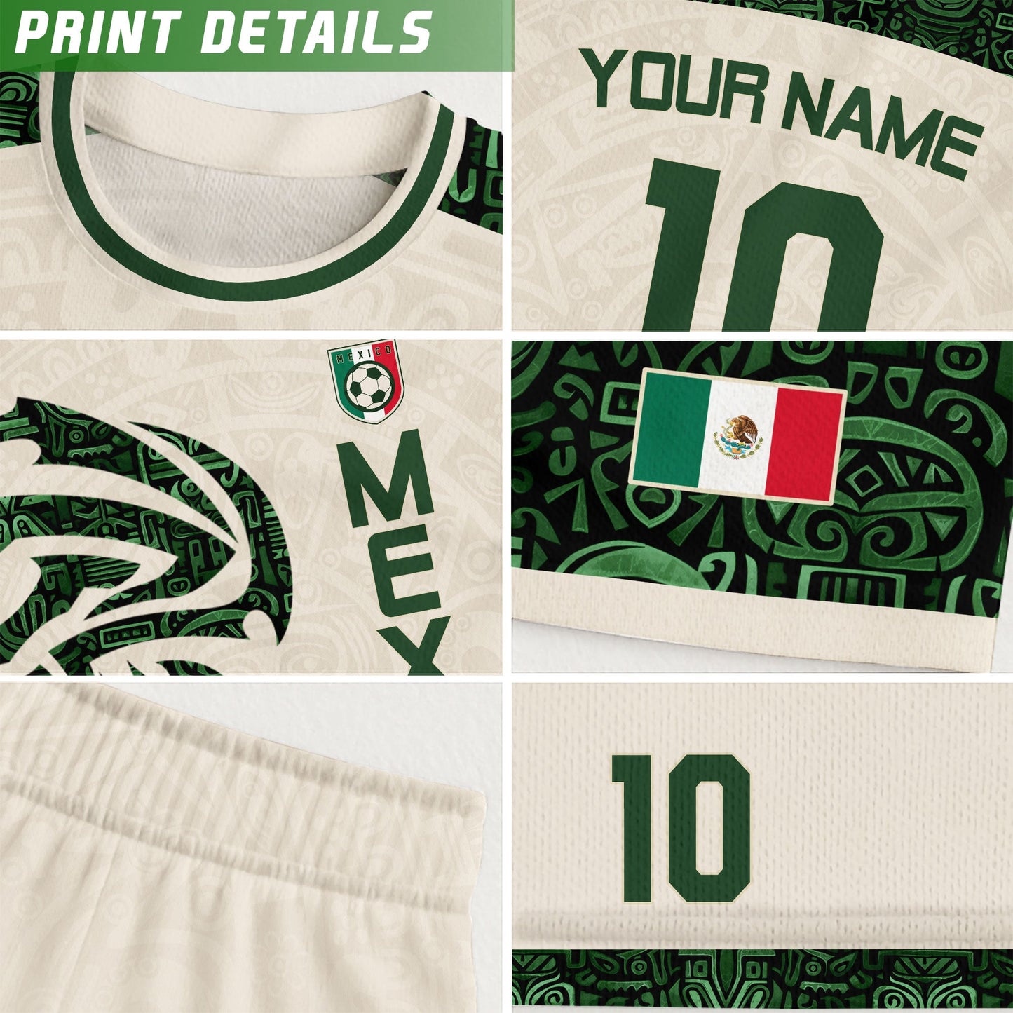 Custom Kid Mexico Beige Green Aztec Eagle Heritage Soccer Jersey